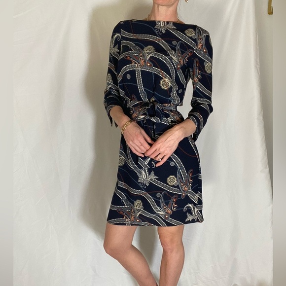 H&M boatneck paisley luxury print‎ shift dress navy blue 3/4 sleeve - Picture 6 of 11